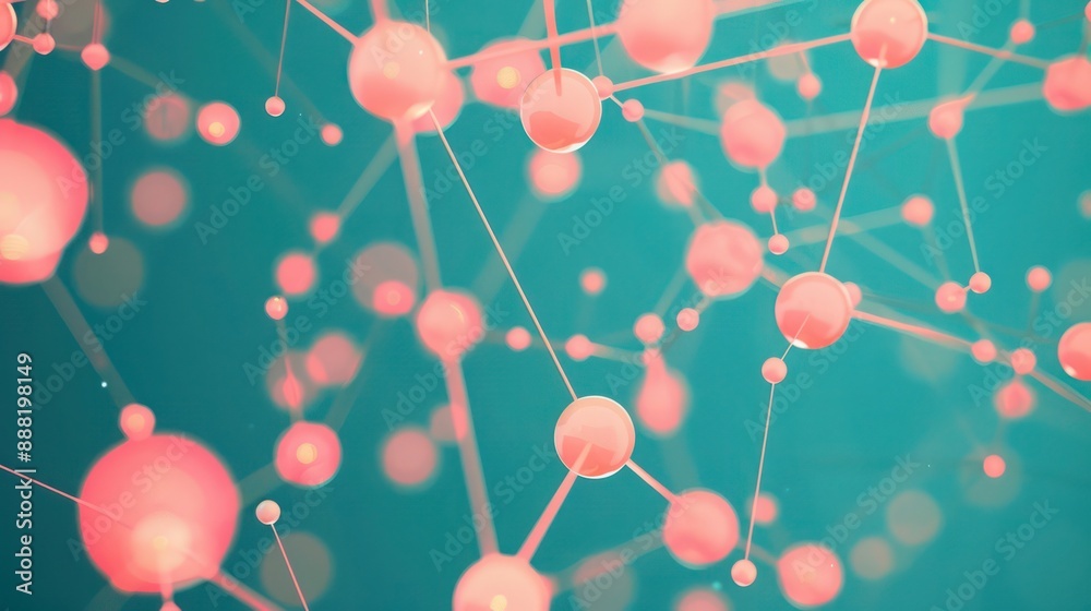 Coral pink dots connected by peach lines on a deep teal canvas, central text focus