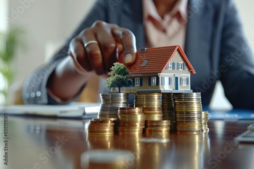 close-up photo of an African American businesswoman arranging a house model on stacked coins at a desk, symbolizing real estate investment and financial growth.