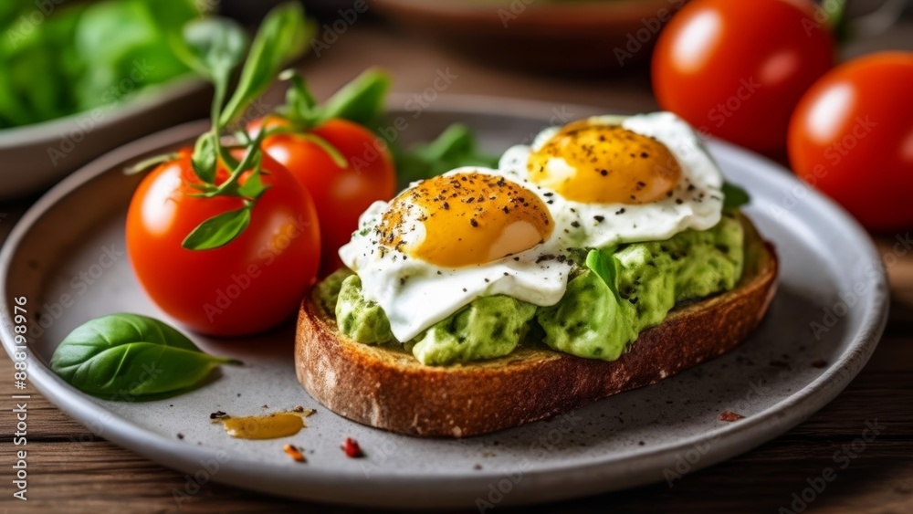 Fresh and vibrant openfaced sandwich with avocado and poached eggs Fresh and vibrant openfaced sandwich with avocado and poached eggs