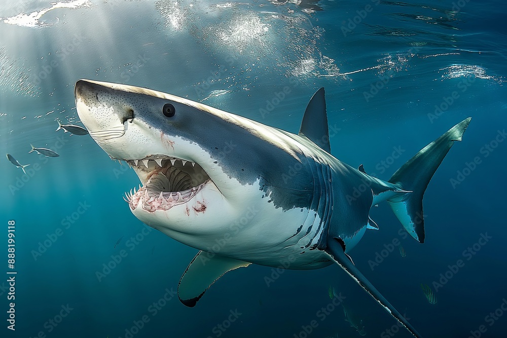 Naklejka premium A shark is swimming in the ocean with its mouth open. The shark is surrounded by other fish