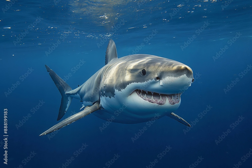 Naklejka premium A shark is swimming in the ocean with its mouth wide open. The shark is surrounded by water and he is in a relaxed state