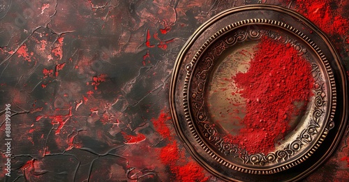 A weathered, ornate brass plate overflowing with vibrant red kumkuma powder rests on a dark, textured surface, creating a striking contrast with negative space for text or design.