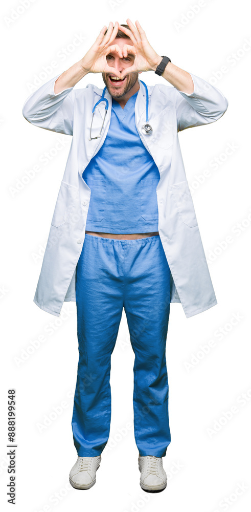 Handsome doctor man wearing medical uniform over isolated background Doing heart shape with hand and fingers smiling looking through sign Handsome doctor man wearing medical uniform over isolated background Doing heart shape with hand and fingers smiling looking through sign