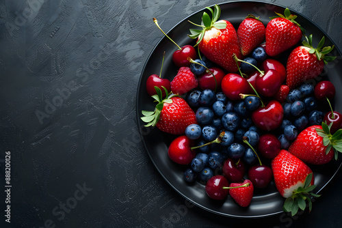 food photography platter of strawberries and cherries
