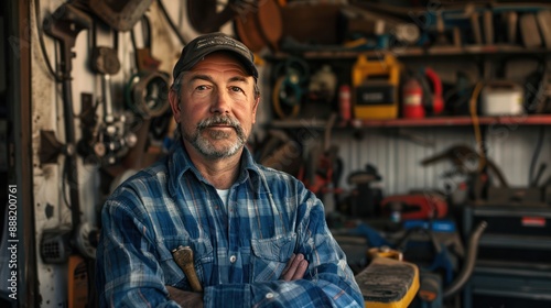 Photograph an environmental portrait of a mechanic in their garage