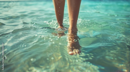 A detailed shot of a woman’s feet as she dips them into the turquoise sea water