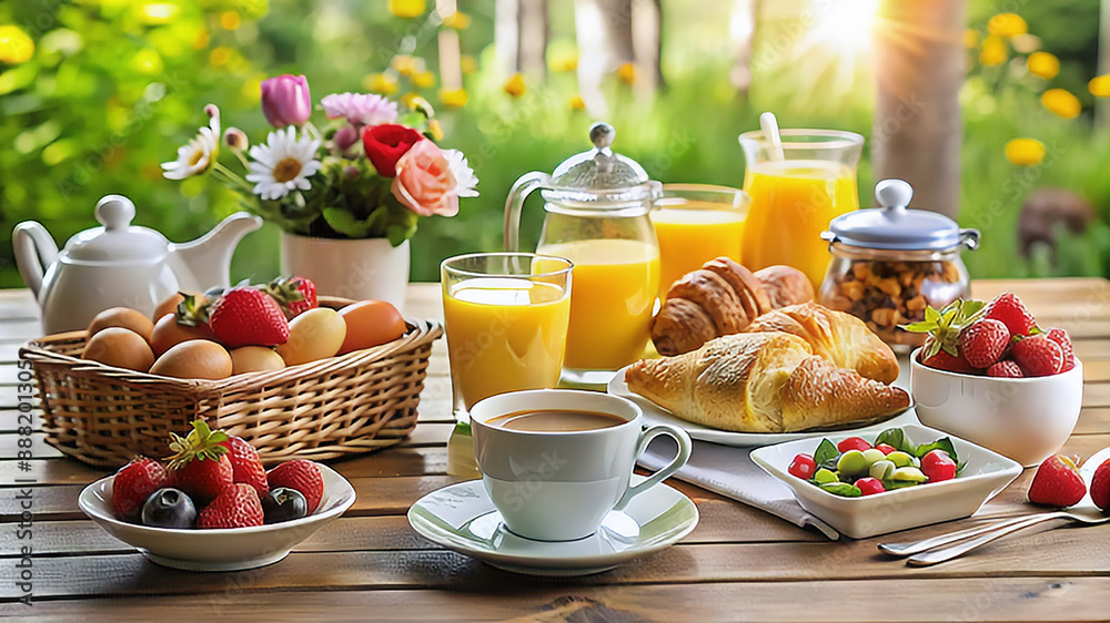full breakfast with eggs, coffee, orange juice etc. ai generated full breakfast with eggs, coffee, orange juice etc. ai generated