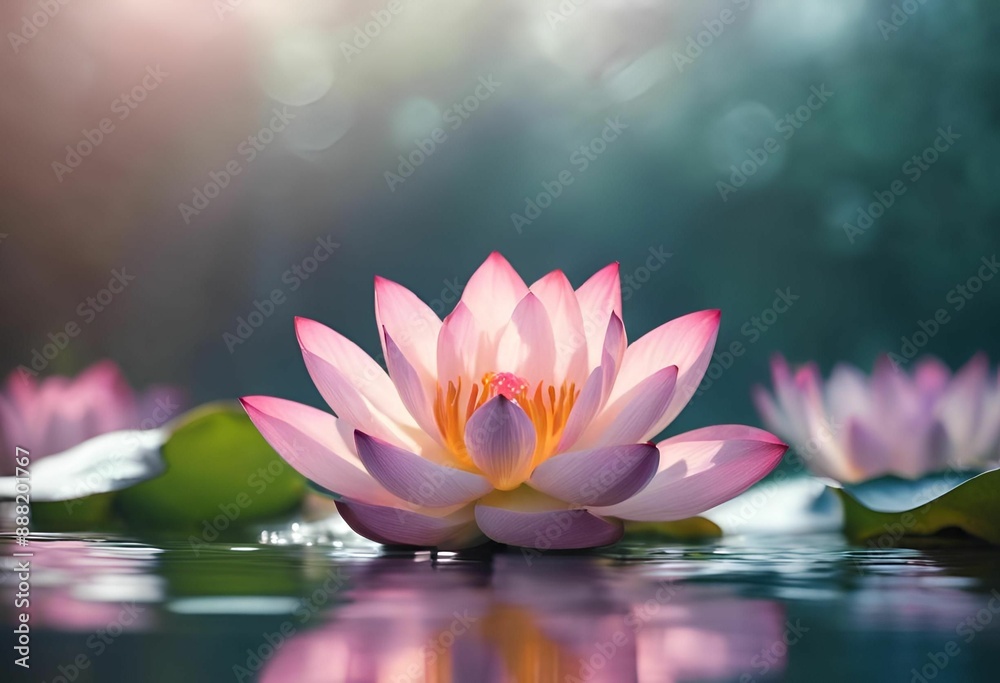 A close-up of a beautiful pink lotus flower in bloom on a serene pond with soft sunlight. A close-up of a beautiful pink lotus flower in bloom on a serene pond with soft sunlight.