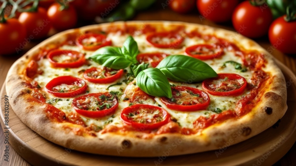 Freshly baked pizza with ripe tomatoes and basil leaves Freshly baked pizza with ripe tomatoes and basil leaves