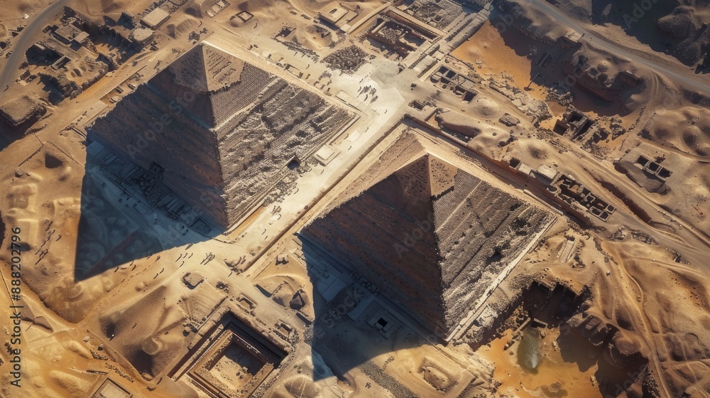 Drone View of Giza Pyramids, Ancient Egyptian Architecture, Historical Landmarks, Desert, Wonders of the World, Travel and Tourism, Generated AI Drone View of Giza Pyramids, Ancient Egyptian Architecture, Historical Landmarks, Desert, Wonders of the World, Travel and Tourism, Generated AI