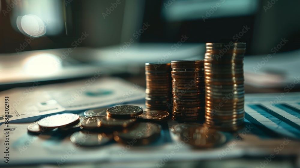 Stacks of Coins and Financial Documents on Desk Representing Investment and Savings, Generative AI Stacks of Coins and Financial Documents on Desk Representing Investment and Savings, Generative AI