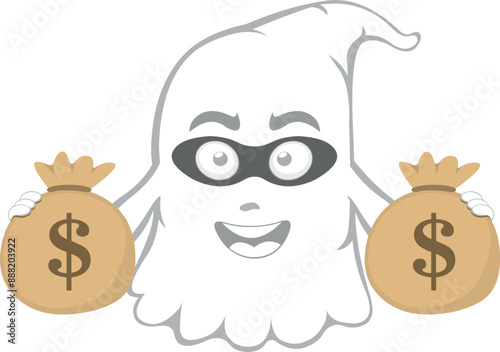 vector illustration character ghost cartoon, with a thief hat and mask, holding bags of money with his hands
