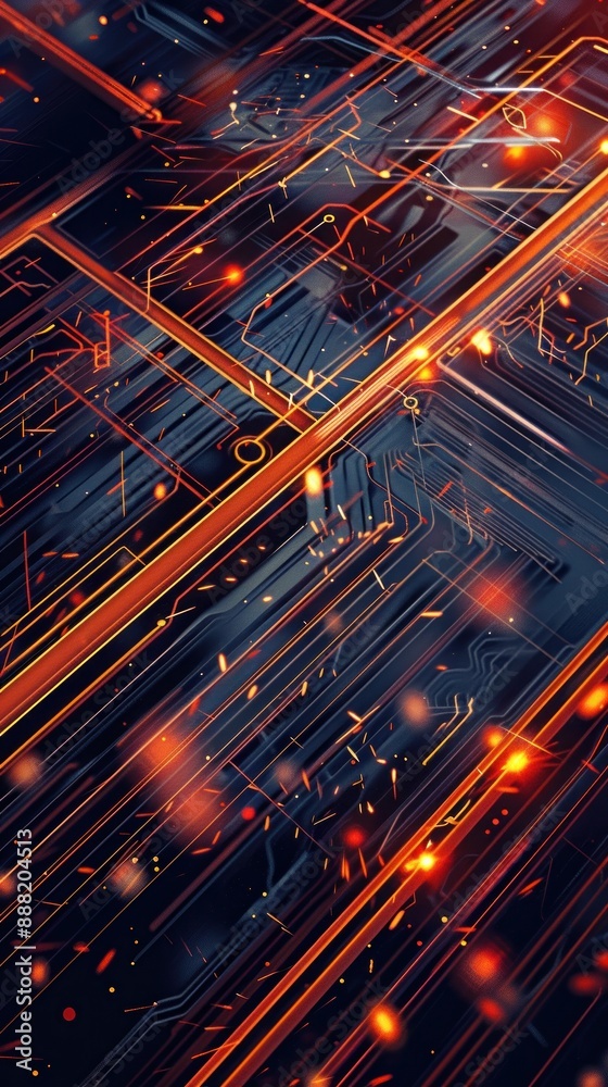 Glowing orange and red lines in dark digital matrix. Glowing orange and red lines in dark digital matrix.