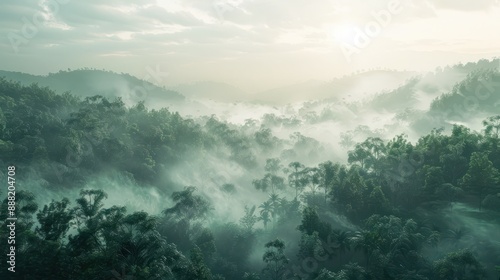 Rainforest landscape with trees and fog - theme conservation, climate change and renewable energy - Generative AI © Johannes