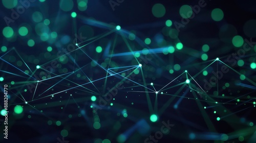 Deep navy background with emerald green dots connected by neon blue glowing lines, upper center text focus