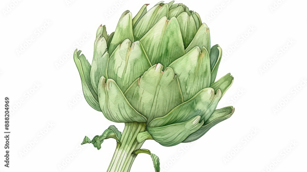 An artichoke illustrated with layered watercolor petals isolate on white background An artichoke illustrated with layered watercolor petals isolate on white background