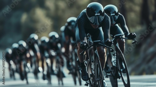 High-Speed Cycling Team in Aerodynamic Formation for Time Trial Race - Blurred Background Emphasizing Speed photo