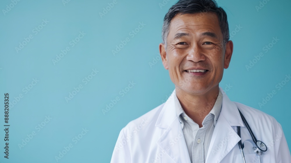 Smiling asian man physician in a white coat on blue background. Smiling asian man physician in a white coat on blue background.