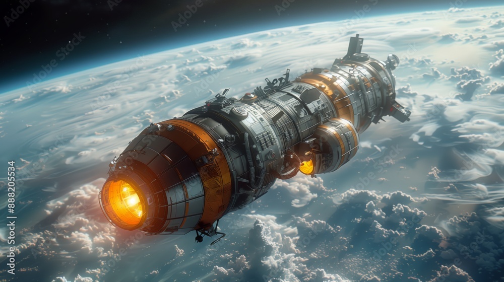 An artists depiction of a futuristic spacecraft traveling above Earths atmosphere, possibly on a space tourism journey to a space station. An artists depiction of a futuristic spacecraft traveling above Earths atmosphere, possibly on a space tourism journey to a space station.