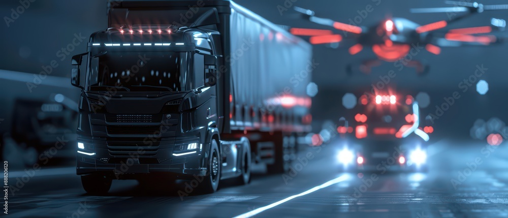 Distribution operates within an ultramodern, supernatural scene, with copy space, showcasing autonomous drones and vehicles ensuring timely and efficient delivery Distribution operates within an ultramodern, supernatural scene, with copy space, showcasing autonomous drones and vehicles ensuring timely and efficient delivery