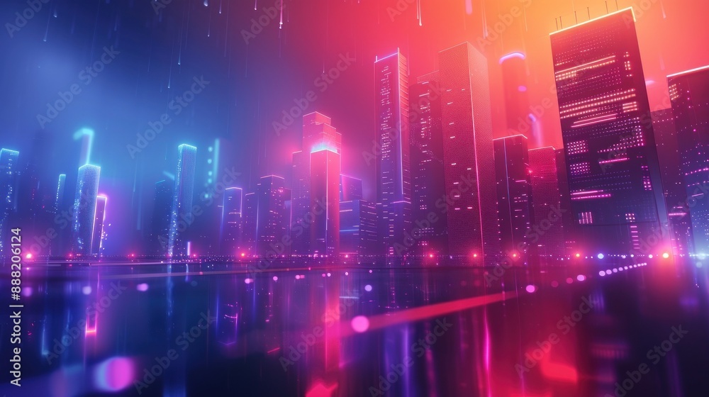 Neon-lit futuristic city at night with glowing rain Neon-lit futuristic city at night with glowing rain
