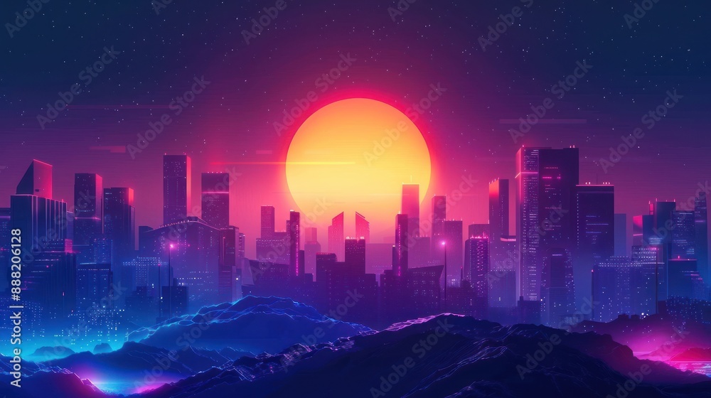 Sunset over futuristic cityscape with glowing buildings