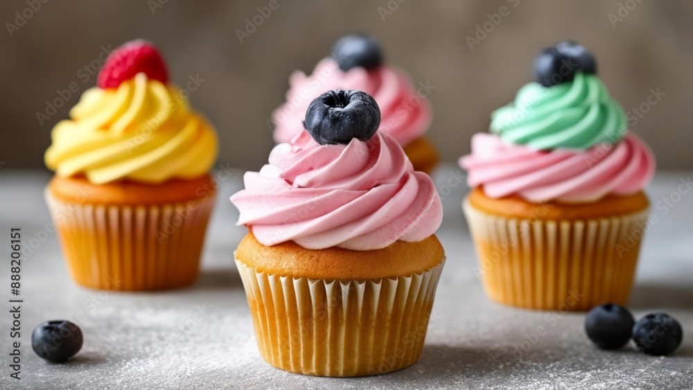 Deliciously decorated cupcakes with vibrant frosting and fresh fruit toppings Deliciously decorated cupcakes with vibrant frosting and fresh fruit toppings