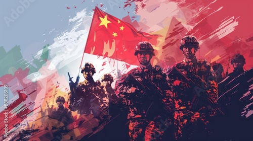 Taiwan and China conflict concept illustration. A group of military men with a Chinese flag. Place for text. photo