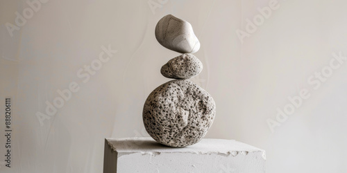 Minimalist Still Life of Balanced Zen Stones on White Pedestal for Calm and Serenity photo