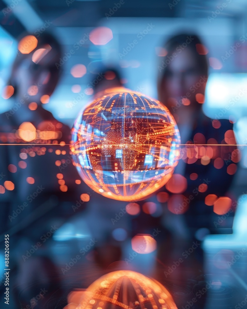 Abstract image of a futuristic glowing globe with business professionals in the background, symbolizing technology and global connectivity. Abstract image of a futuristic glowing globe with business professionals in the background, symbolizing technology and global connectivity.