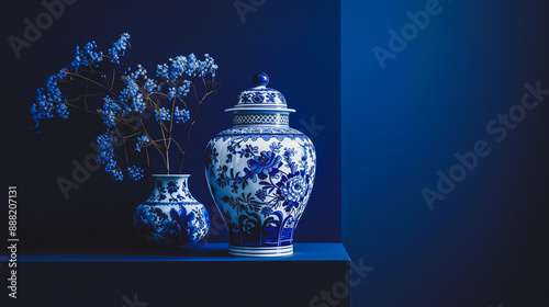 Dutch Delft Blauw Porcelain China Vase , Minimalist Digital Chinoiserie Concept Render 