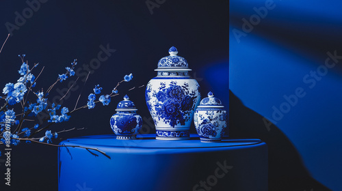 Dutch Delft Blauw Porcelain China Vase , Minimalist Digital Chinoiserie Concept Render 