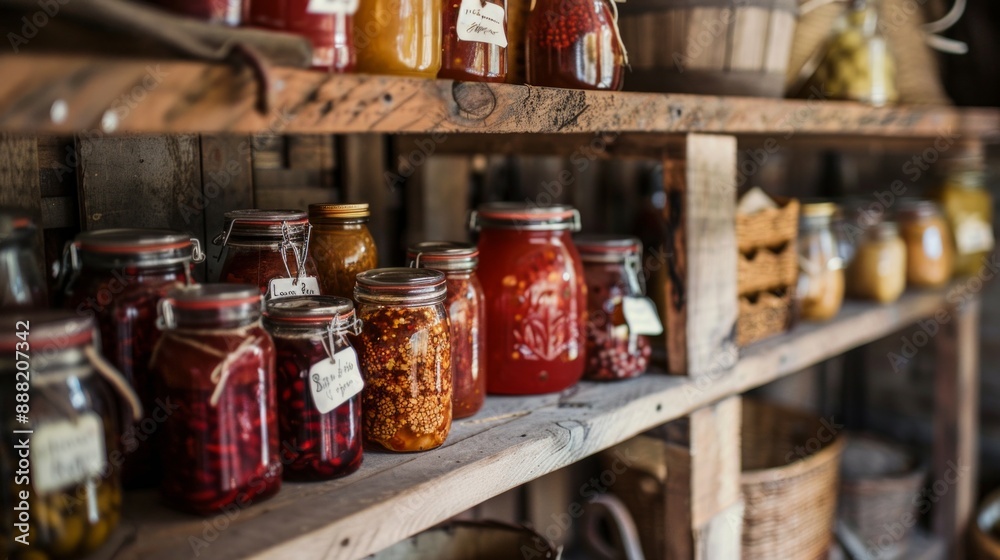 A rustic pantry filled with jars of homemade jams, pickles, and preserves. The jars are labeled with handwritten tags, and the pantry shelves are made of reclaimed wood A rustic pantry filled with jars of homemade jams, pickles, and preserves. The jars are labeled with handwritten tags, and the pantry shelves are made of reclaimed wood
