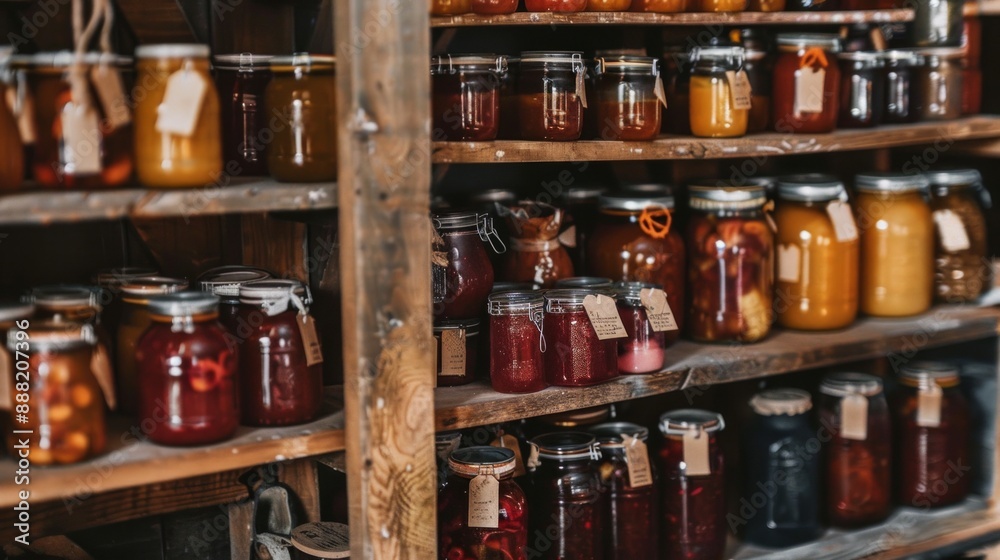 A rustic pantry filled with jars of homemade jams, pickles, and preserves. The jars are labeled with handwritten tags, and the pantry shelves are made of reclaimed wood A rustic pantry filled with jars of homemade jams, pickles, and preserves. The jars are labeled with handwritten tags, and the pantry shelves are made of reclaimed wood