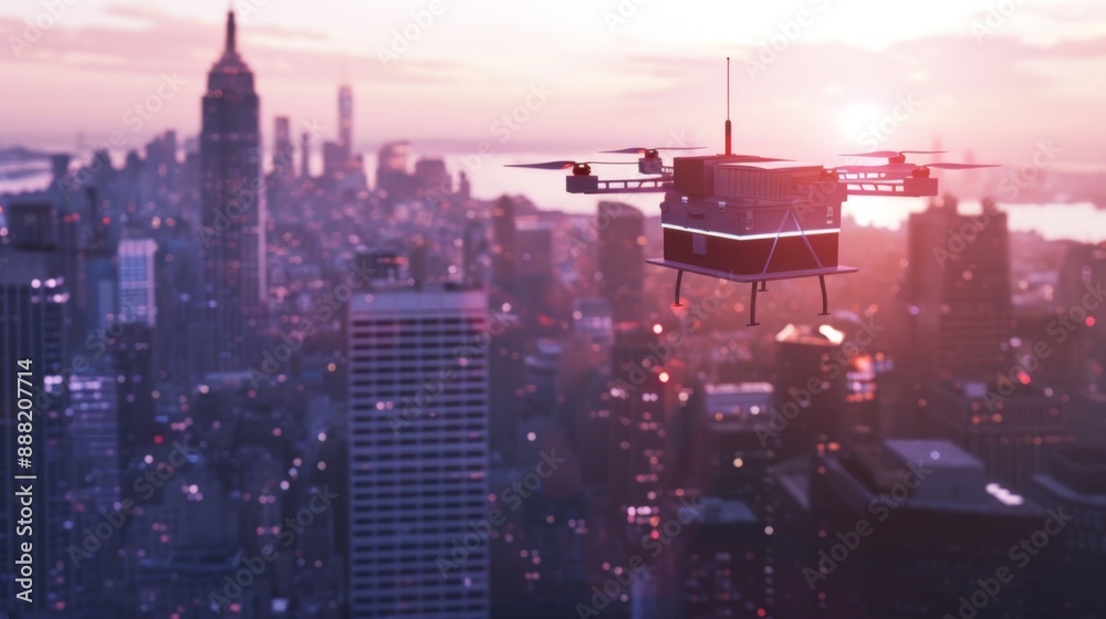 A sleek logistics drone flying over a city, delivering packages quickly and efficiently, showcasing the future of urban delivery systems. A sleek logistics drone flying over a city, delivering packages quickly and efficiently, showcasing the future of urban delivery systems.