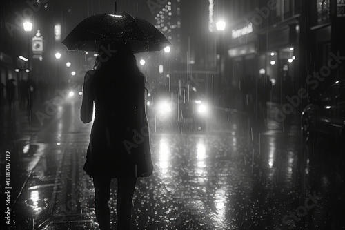 Moody black and white street scenes captured in the rain, where slick pavements and glowing reflections add a sense of drama and mystery to everyday city life. 