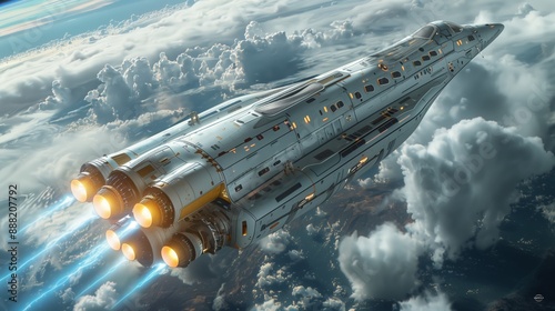 A futuristic spaceship with a sleek design and glowing blue electric propulsion engines flies high above a field of fluffy white clouds.