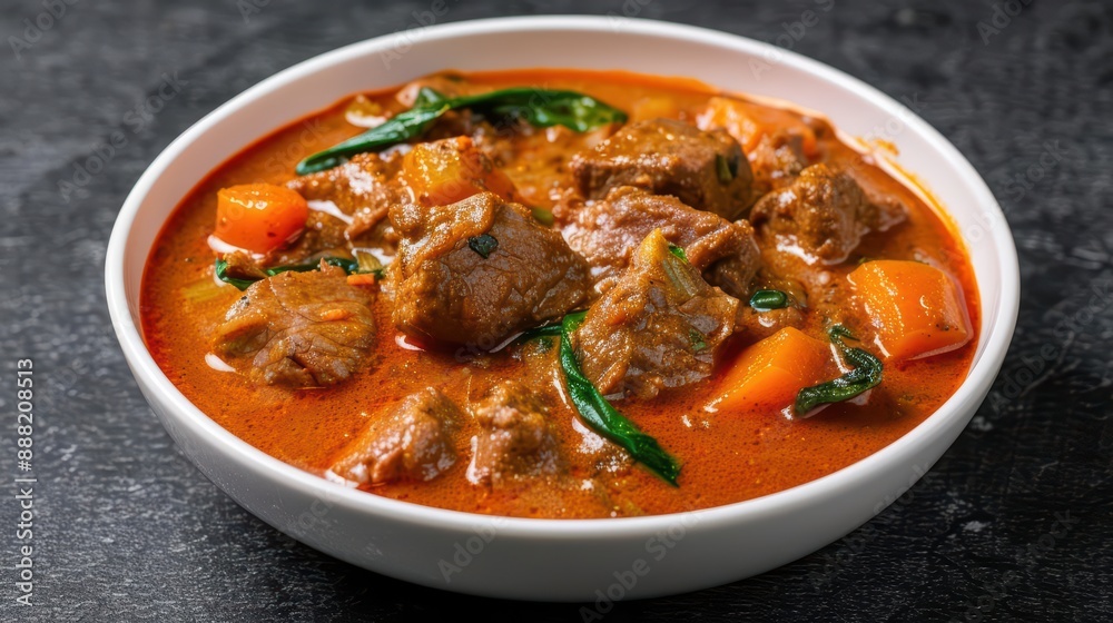 Kare Raisu midscoop, with chunks of meat and vegetables swimming in a rich, aromatic curry sauce creating a hearty and flavorful burst Kare Raisu midscoop, with chunks of meat and vegetables swimming in a rich, aromatic curry sauce creating a hearty and flavorful burst