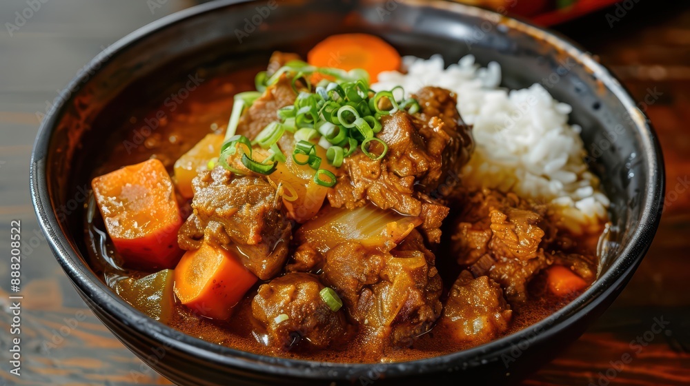 Kare Raisu midscoop, with chunks of meat and vegetables swimming in a rich, aromatic curry sauce creating a hearty and flavorful burst Kare Raisu midscoop, with chunks of meat and vegetables swimming in a rich, aromatic curry sauce creating a hearty and flavorful burst