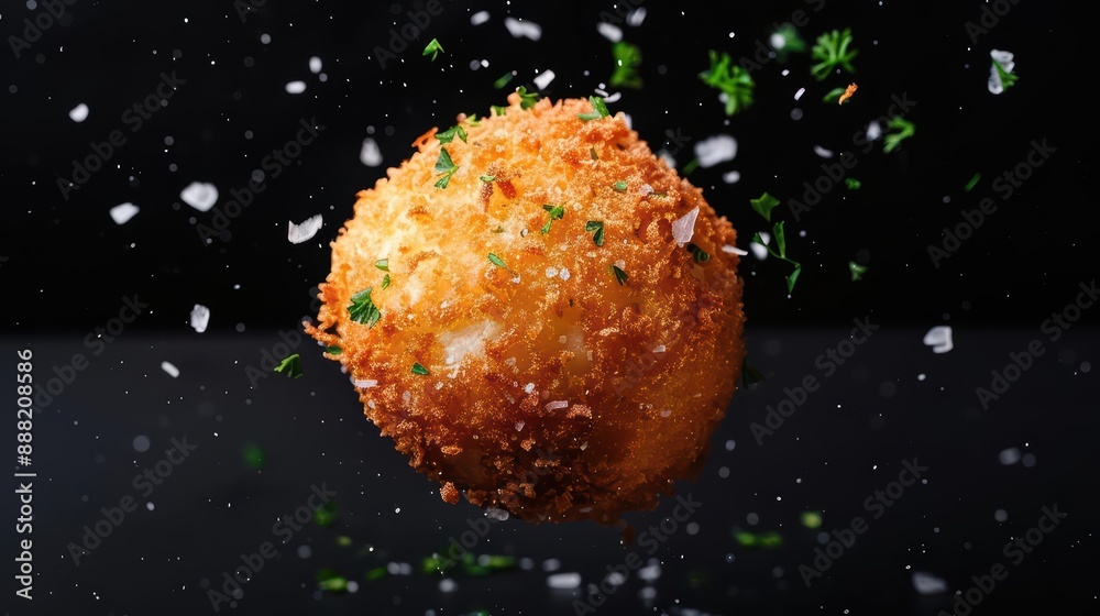 Korokke in midair, with its crispy, golden crust and creamy potato filling scattering in a dynamic and delicious explosion Korokke in midair, with its crispy, golden crust and creamy potato filling scattering in a dynamic and delicious explosion