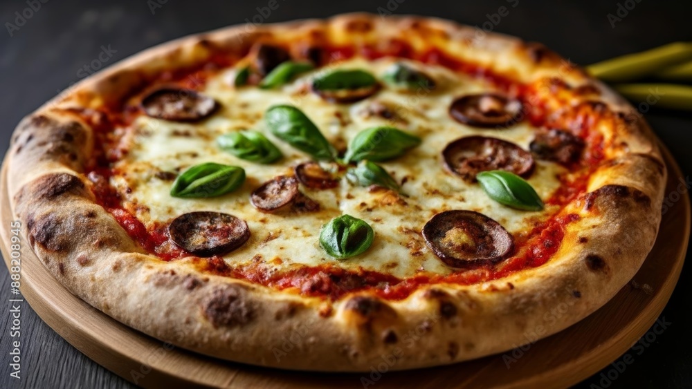 Deliciously baked pizza ready to be savored Deliciously baked pizza ready to be savored