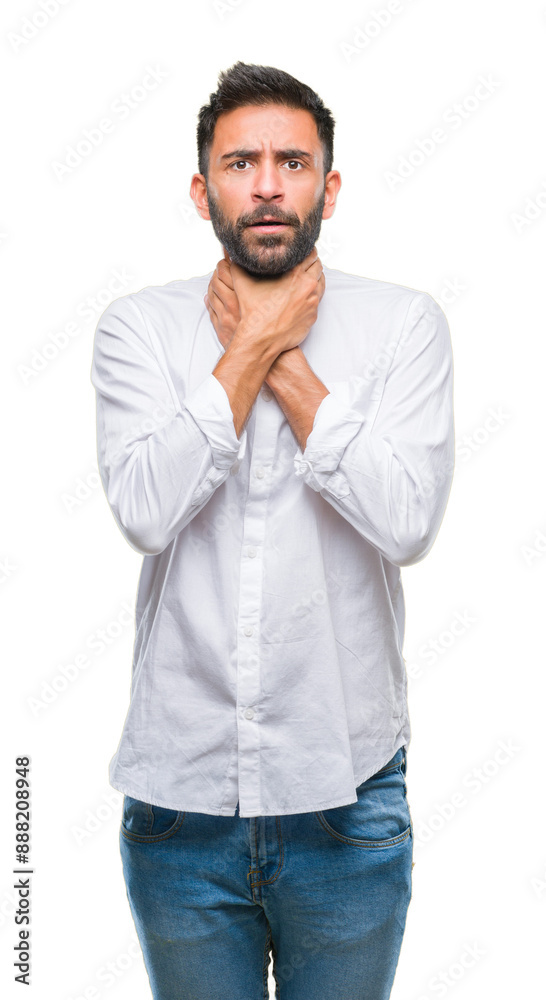 Adult hispanic man over isolated background shouting and suffocate because painful strangle. Health problem. Asphyxiate and suicide concept. Adult hispanic man over isolated background shouting and suffocate because painful strangle. Health problem. Asphyxiate and suicide concept.