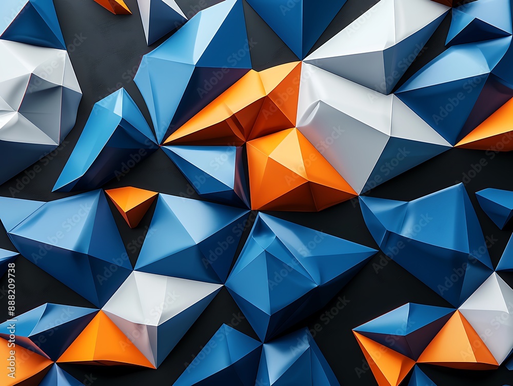 3D rendering of futuristic low poly shapes in blue, orange, and white on a black background. High-detail geometric wallpaper. 3D rendering of futuristic low poly shapes in blue, orange, and white on a black background. High-detail geometric wallpaper.