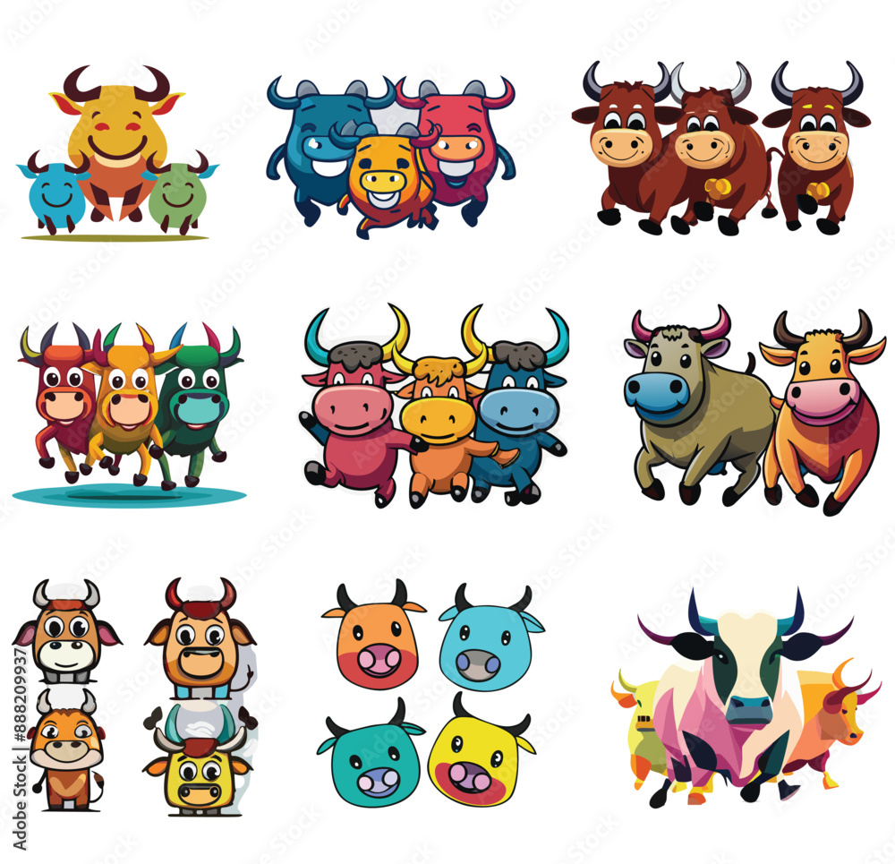 Obraz premium Set of Cartoon Bulls in Various Poses and Styles, Isolated on White Background - Cute and Dynamic Bull Illustrations - Perfect for Children's Books, Educational Materials