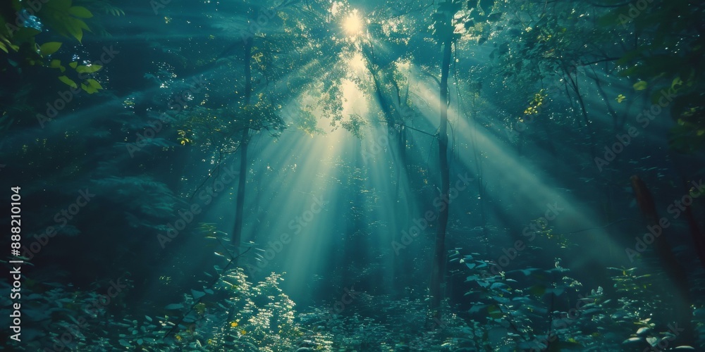 Ethereal misty forest with sun rays piercing through dense foliage, creating magical atmosphere; dark green and light green hues dominate. Ethereal misty forest with sun rays piercing through dense foliage, creating magical atmosphere; dark green and light green hues dominate.