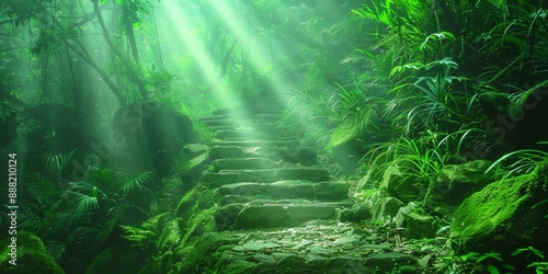 Mesmerizing misty forest path with sun rays breaking through dense green foliage and moss-covered stone steps, clouded ambiance. © BrightWhite