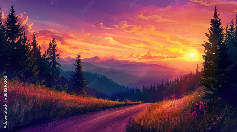 Road through the mountains at a vivid summer sunset Road through the mountains at a vivid summer sunset