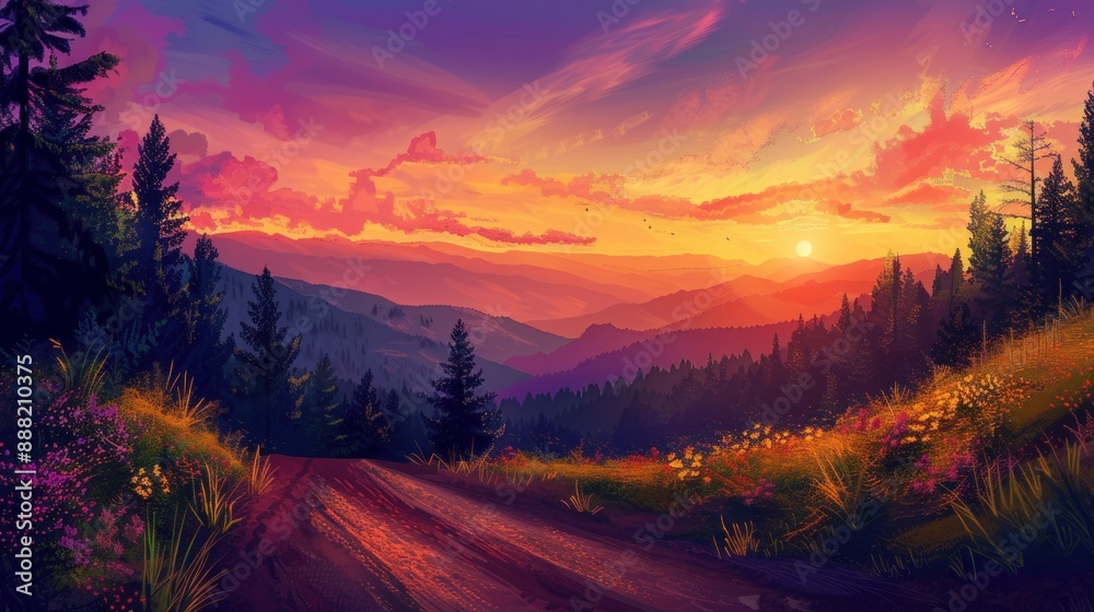 Road through the mountains at a vivid summer sunset