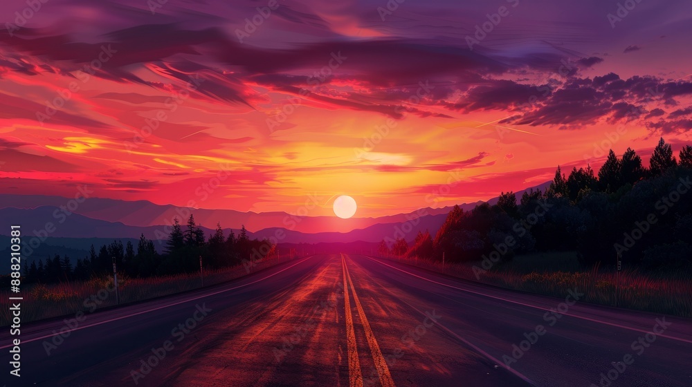 Road through the mountains at a vivid summer sunset Road through the mountains at a vivid summer sunset