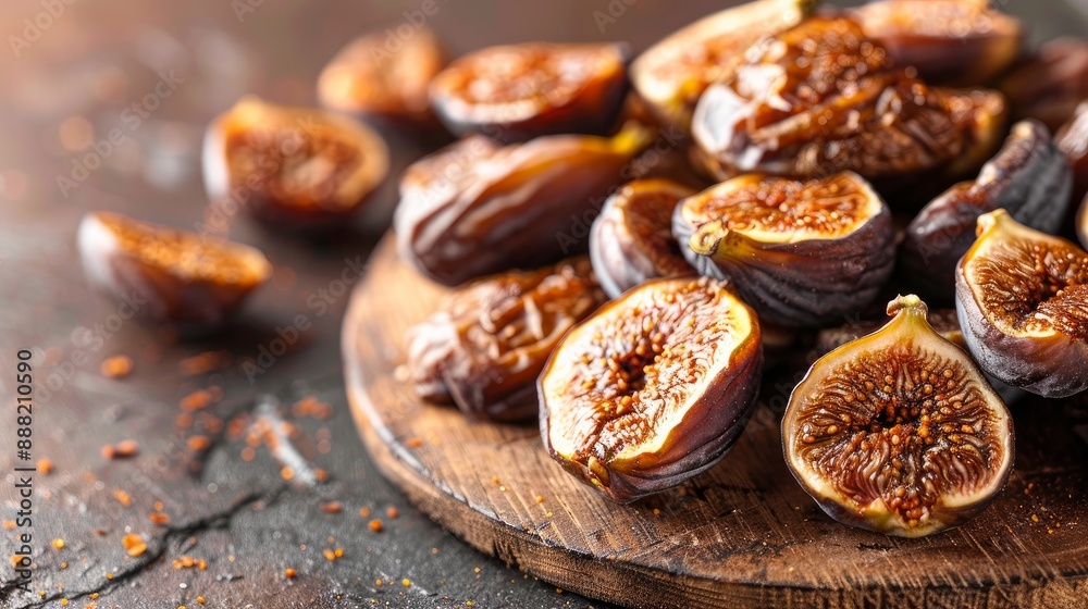 Sun-dried figs presented on a wooden board with a backdrop of stones. Sun-dried figs presented on a wooden board with a backdrop of stones.